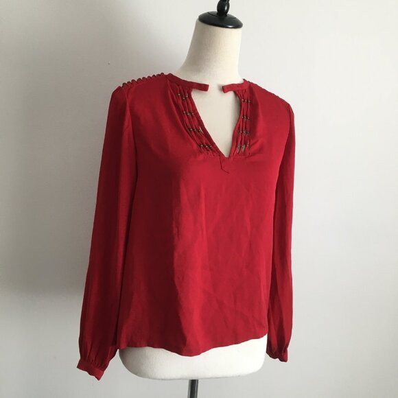 DVF DIANE VON FURSTENBERG Dark Red Bronze Hardware Keyhole 100% Silk Shirt - Picture 4 of 12